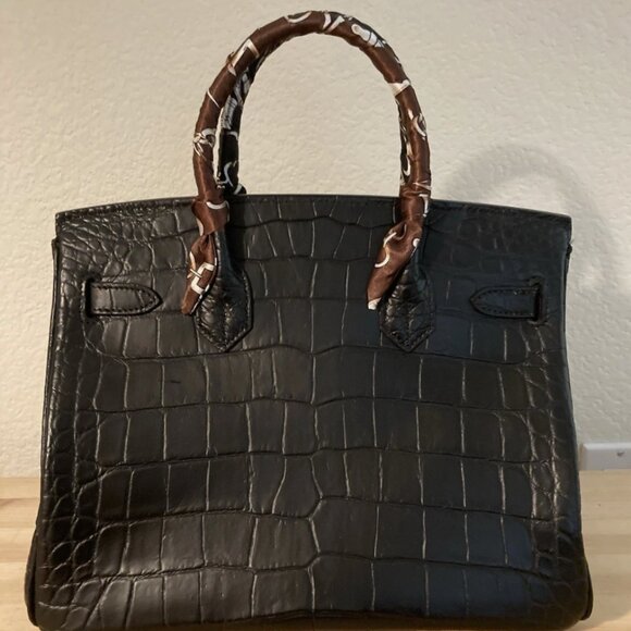 Black Crocodile Embossed Handbag Silver 30cm - Picture 3 of 9